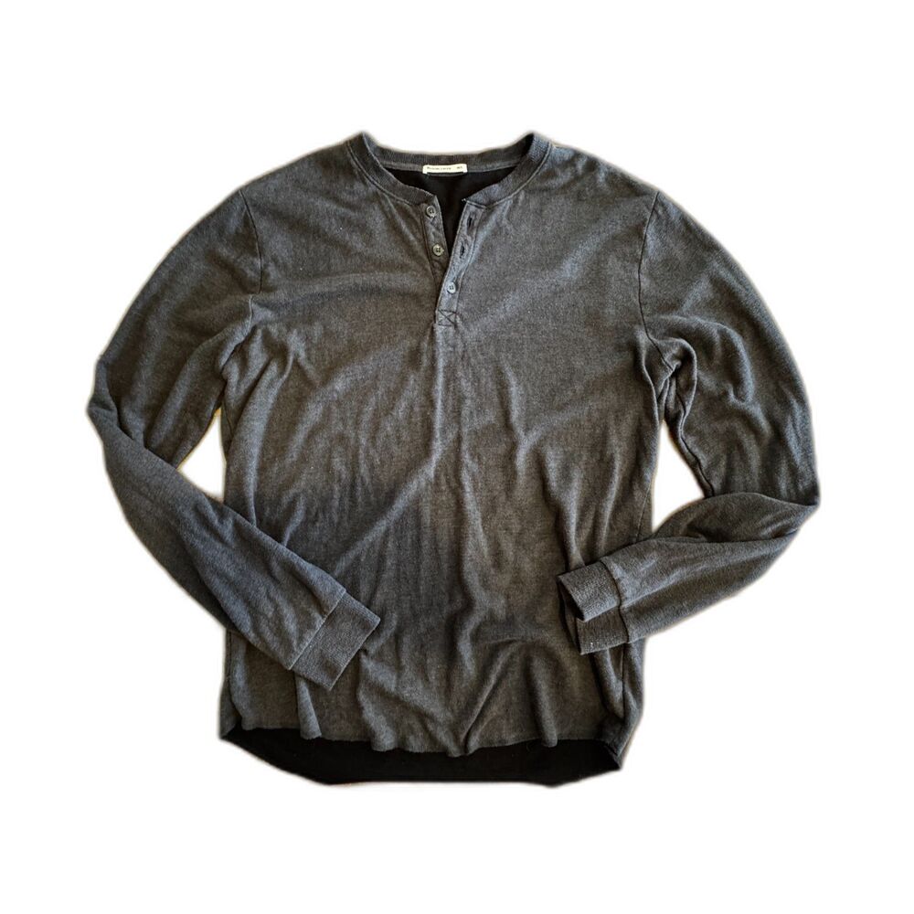 Marine Layer Men's Double Knit Henley Grey Long Sleeves, M/L Charcoal